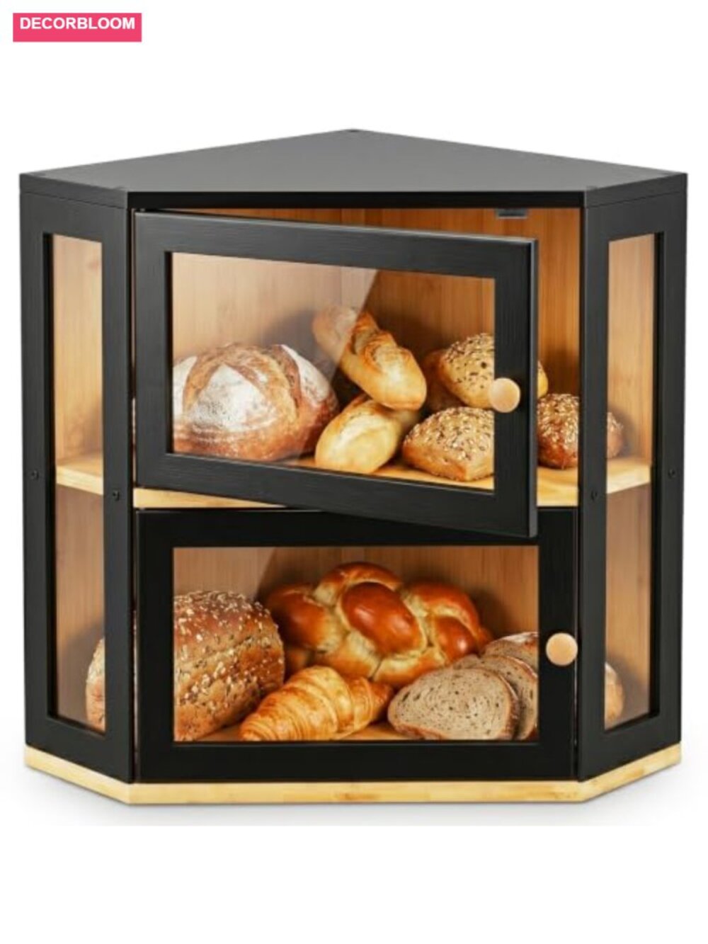 Corner Bread Box, Extra Large Double Layer Bamboo with Acrylic Door for Kitchen